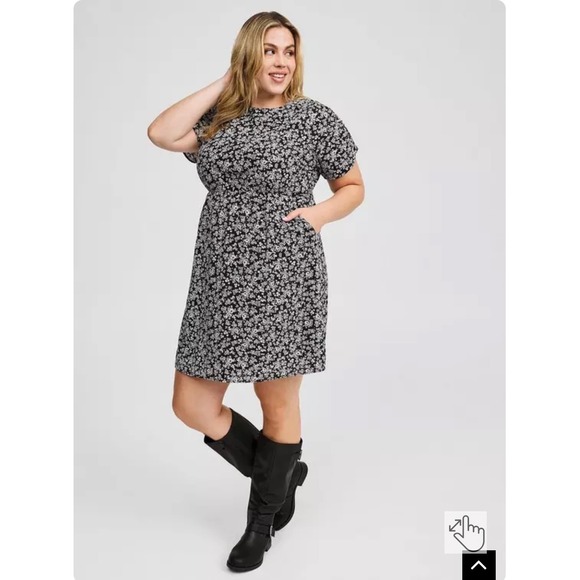 Torrid Black Ditsy Floral Short Sleeve Mini Dress with Pockets and Smocked Back - Picture 1 of 12